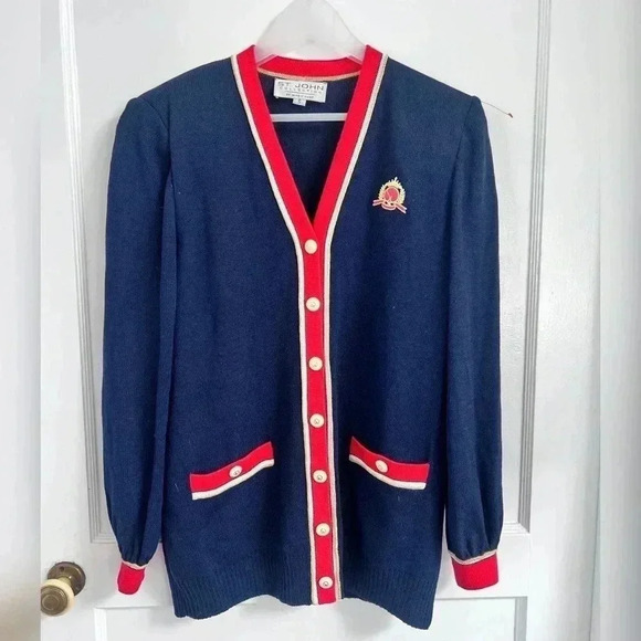 St. John Collection Navy Blue Red Santana Knit Cardigan - Picture 1 of 5